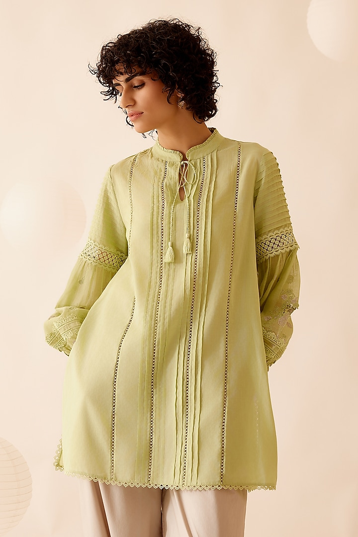 Green Cotton Voile Floral Embroidered Tunic by Bunka at Pernia's Pop Up Shop