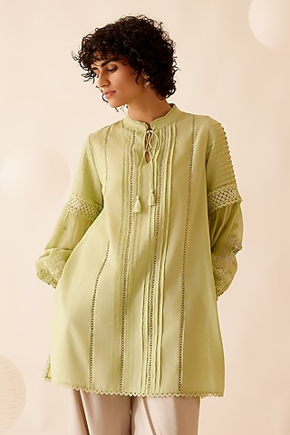Green Cotton Voile Floral Embroidered Tunic by Bunka