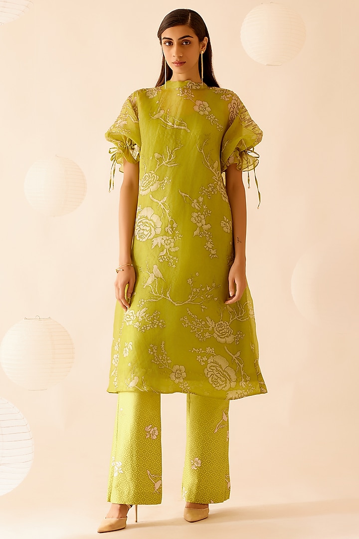 Green Silk Organza Floral Printed & Sequins Embroidered Tunic by Bunka