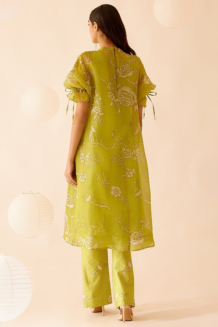 Green Silk Organza Floral Printed & Sequins Embroidered Tunic by Bunka at Pernia's Pop Up Shop