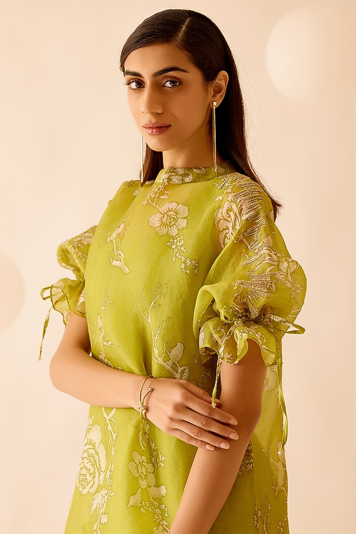 Green Silk Organza Floral Printed & Sequins Embroidered Tunic by Bunka at Pernia's Pop Up Shop