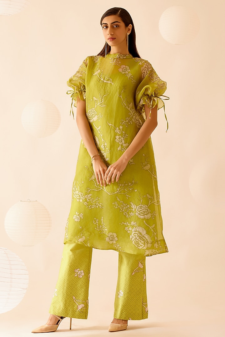 Green Silk Organza Floral Printed & Sequins Embroidered Tunic by Bunka at Pernia's Pop Up Shop