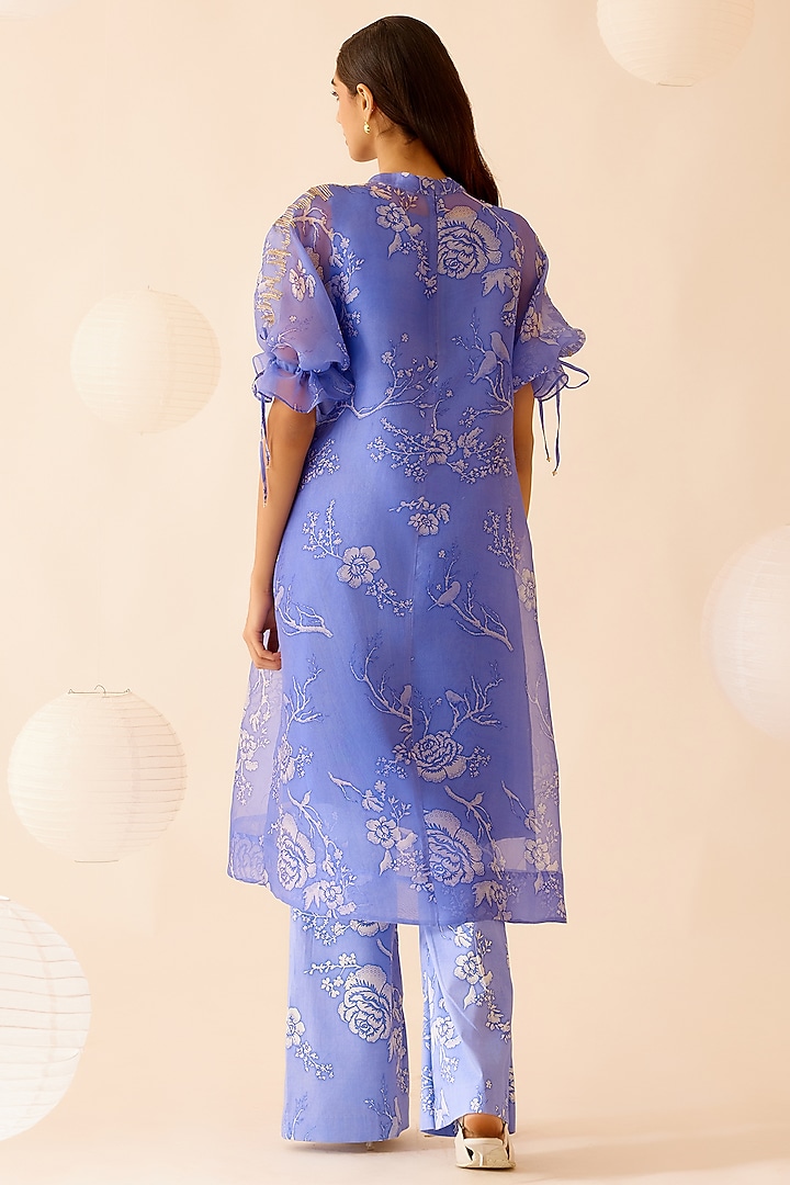 Lilac Silk Organza Floral Printed & Sequins Embroidered Tunic by Bunka at Pernia's Pop Up Shop