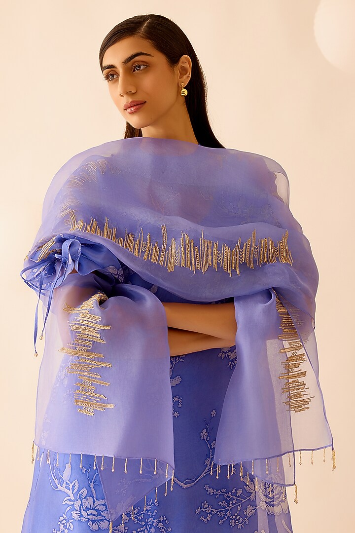 Lilac Silk Organza Floral Printed & Sequins Embroidered Tunic by Bunka at Pernia's Pop Up Shop
