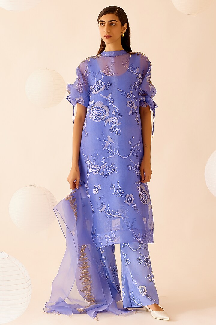 Lilac Silk Organza Floral Printed & Sequins Embroidered Tunic by Bunka at Pernia's Pop Up Shop