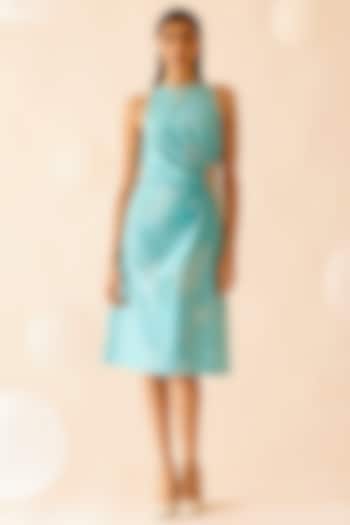 Turquoise Cotton Satin Cut-Out Dress by Bunka