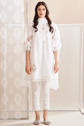White Cotton Embroidered A-Line Kurta Set by Bunka