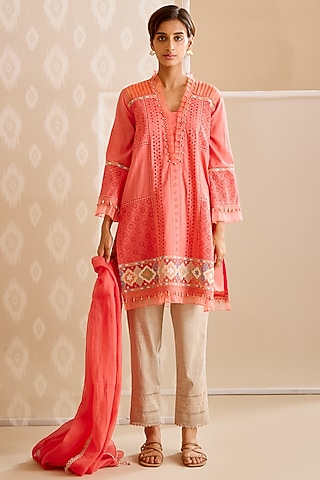 Coral Cotton Embroidered Kurta Set by Bunka