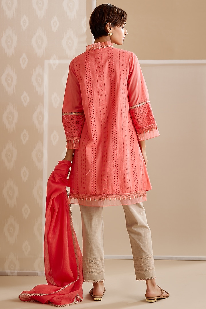 Coral Cotton Embroidered Kurta Set by Bunka at Pernia's Pop Up Shop