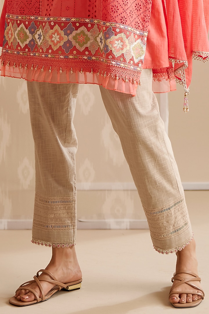Coral Cotton Embroidered Kurta Set by Bunka at Pernia's Pop Up Shop
