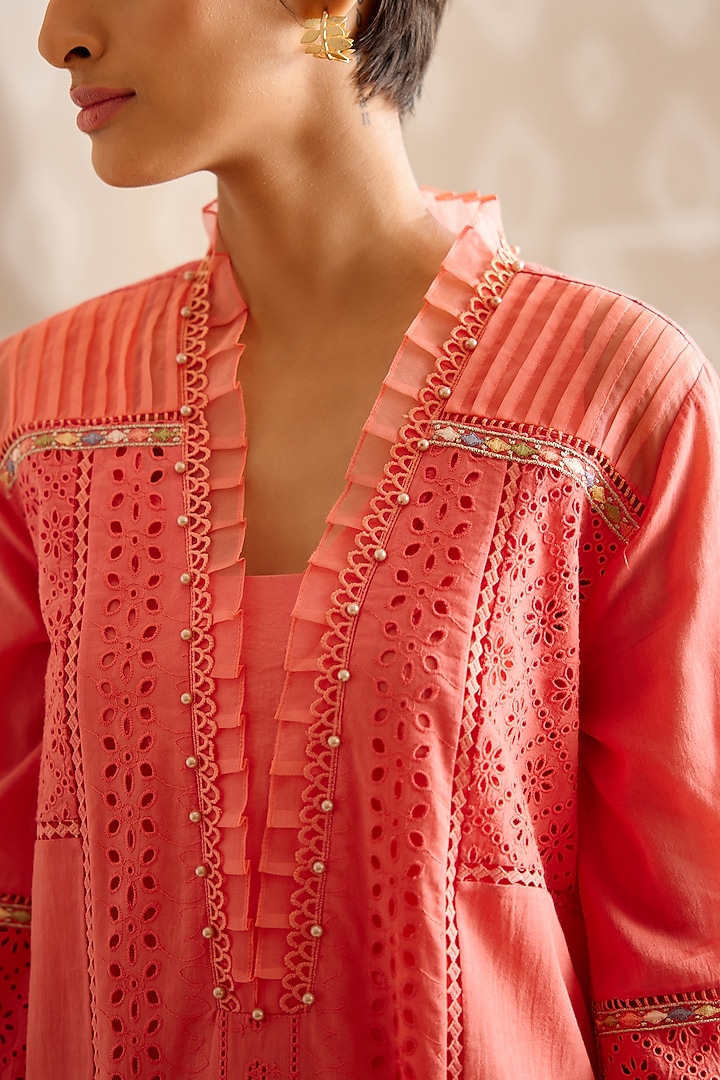 Coral Cotton Embroidered Kurta Set by Bunka at Pernia's Pop Up Shop