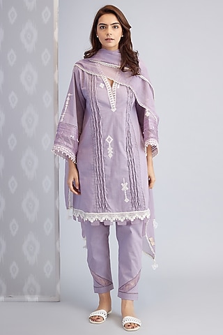 Purple Cotton Embroidered Kurta Set by Bunka