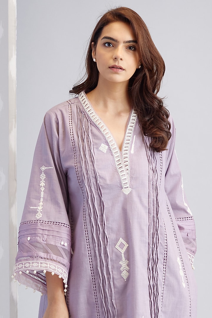Purple Cotton Embroidered Kurta Set by Bunka at Pernia's Pop Up Shop