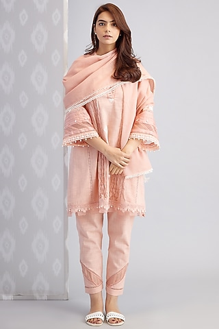 Peach Cotton Embroidered Kurta Set by Bunka