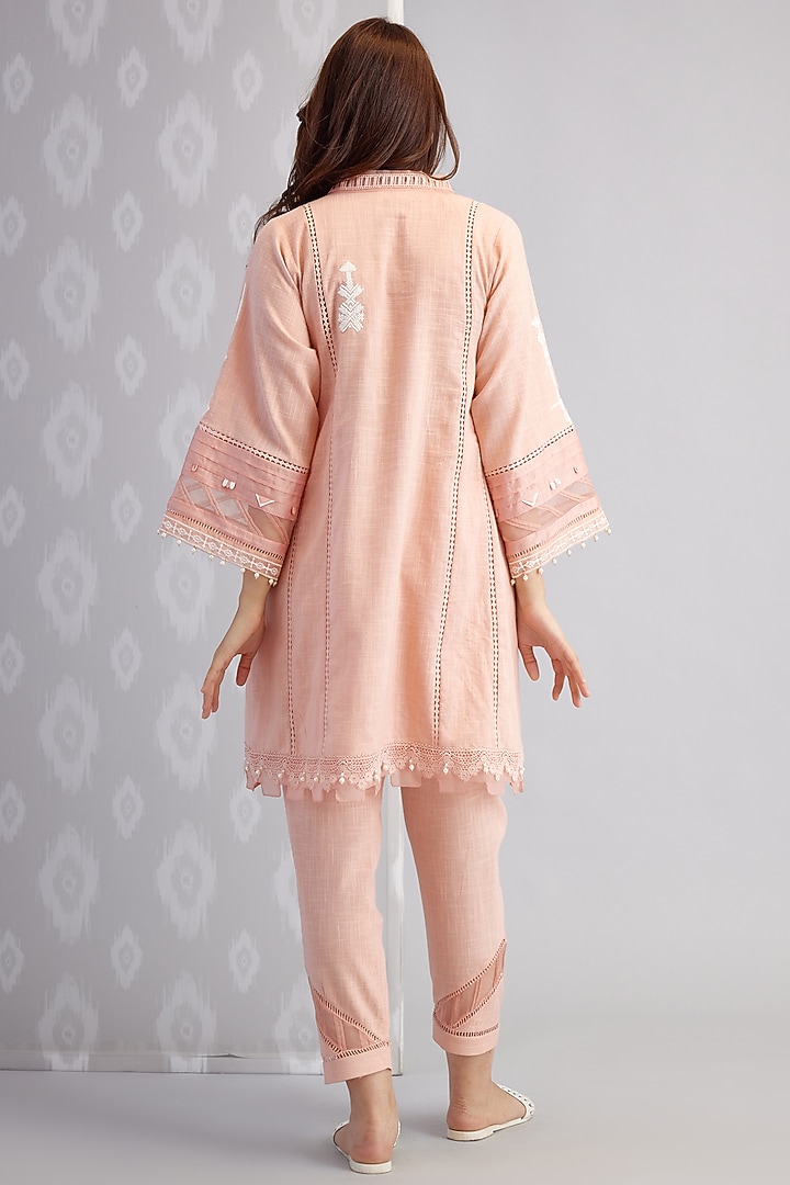 Peach Cotton Embroidered Kurta Set by Bunka at Pernia's Pop Up Shop