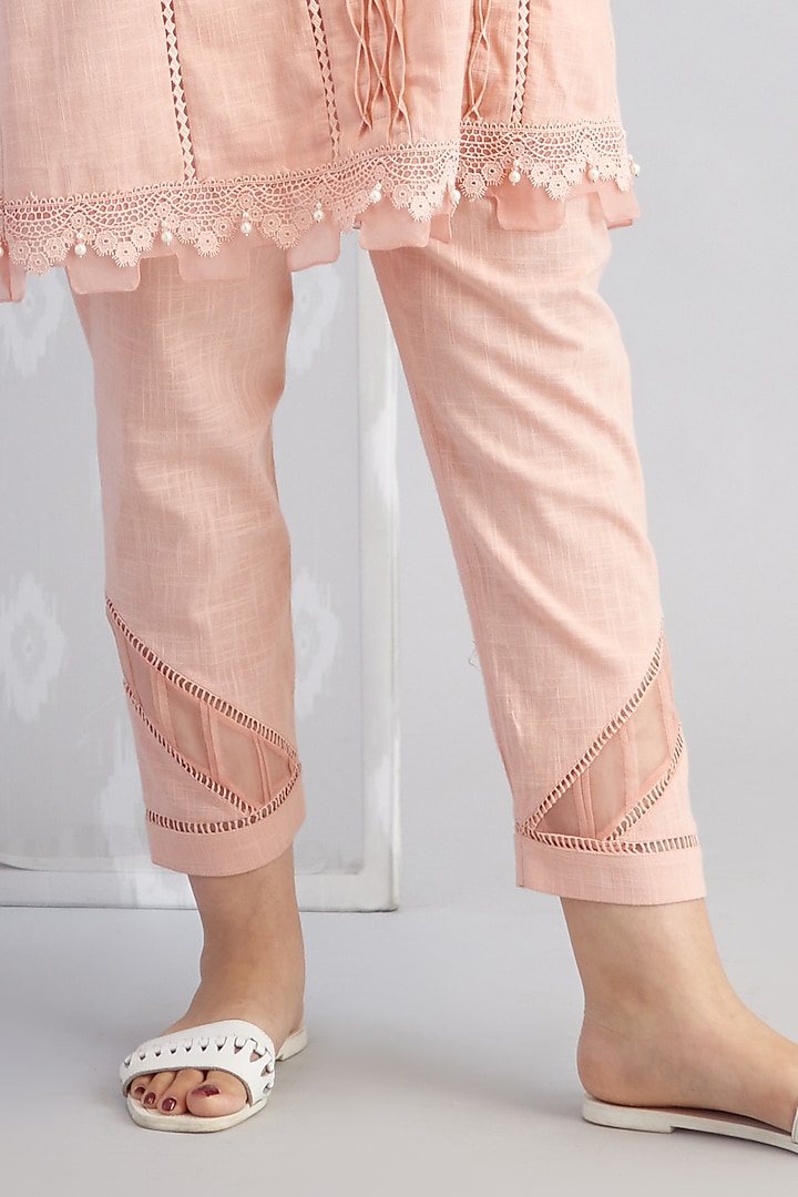 Peach Cotton Embroidered Kurta Set by Bunka at Pernia's Pop Up Shop