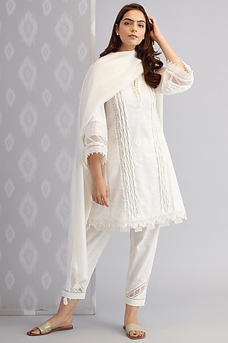 Ivory Cotton Embroidered Kurta Set by Bunka