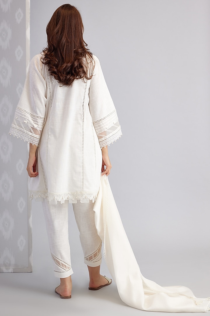 Ivory Cotton Embroidered Kurta Set by Bunka at Pernia's Pop Up Shop