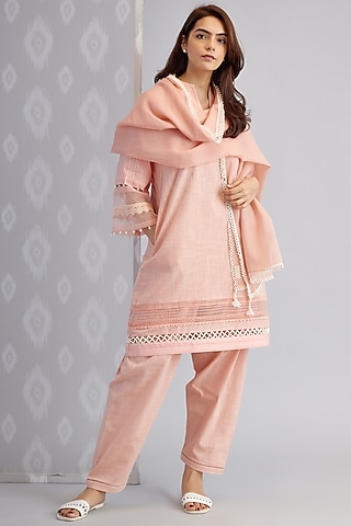 Peach Cotton Embroidered Choga Kurta Set by Bunka