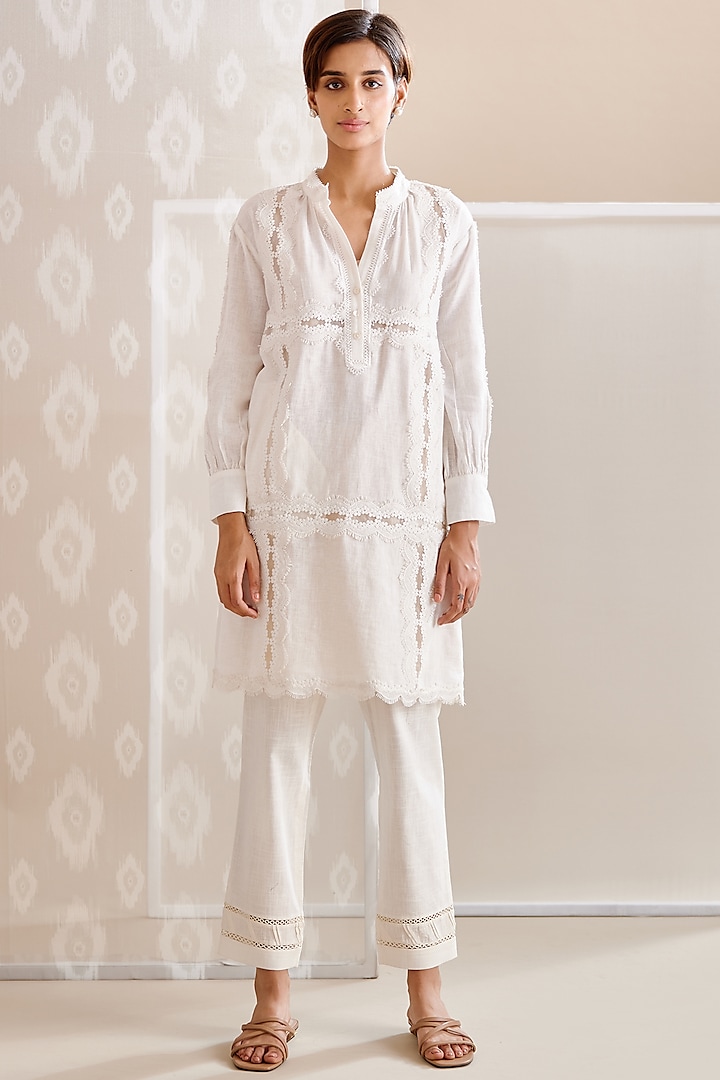 Ivory Cotton Embroidered Tunic Set by Bunka