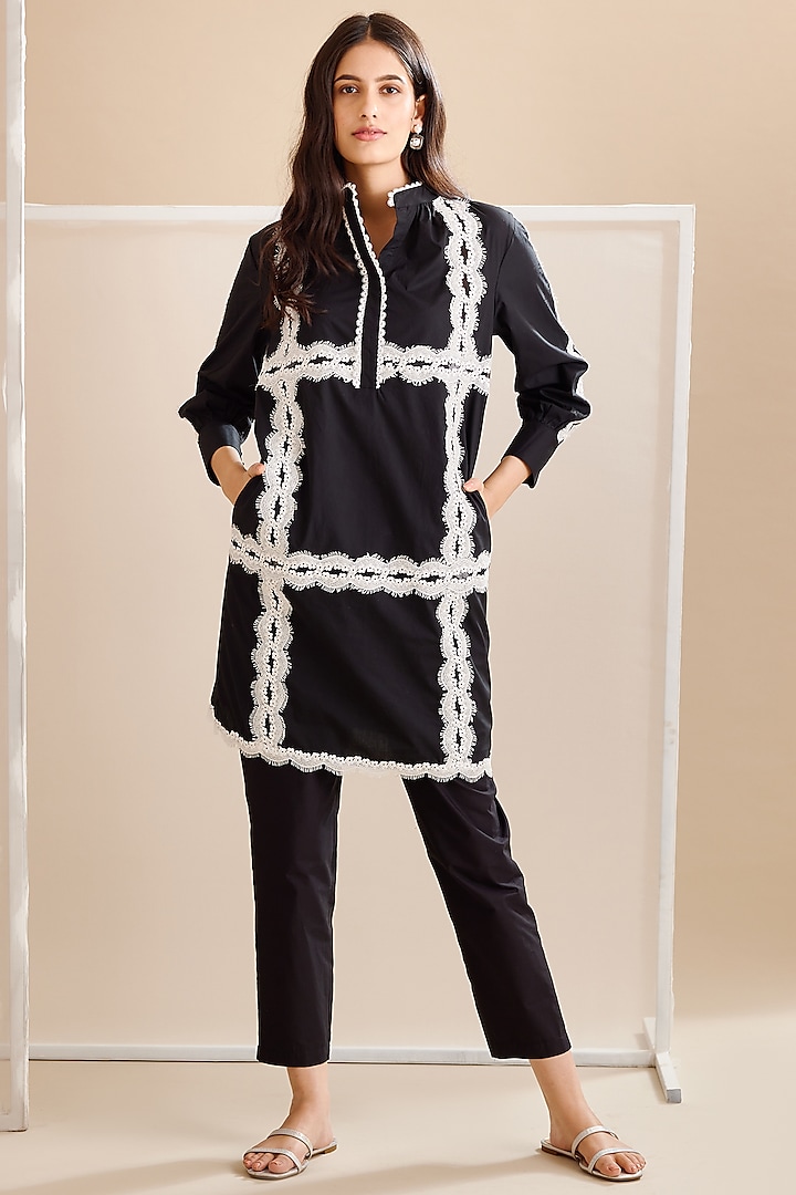 Black Cotton Embroidered Tunic Set by Bunka