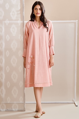 Peach Cotton A-Line Dress by Bunka