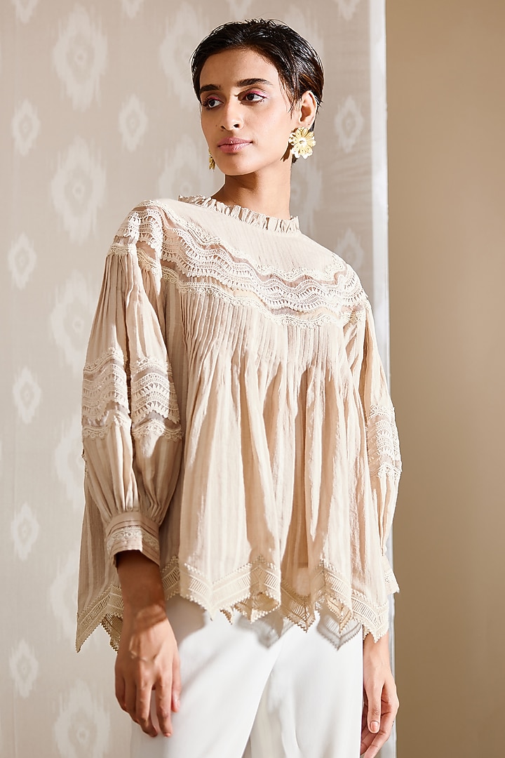 Beige Cotton Voile Top by Bunka at Pernia's Pop Up Shop