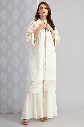 Ivory Cotton Voile Jacket Set by Bunka