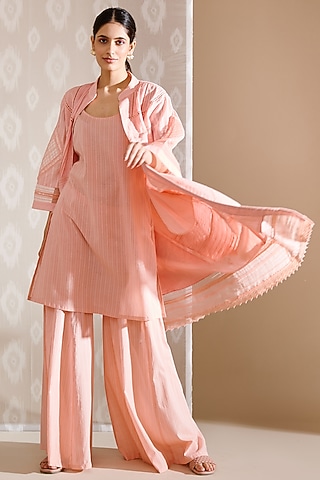 Peach Cotton Voile Jacket Set by Bunka