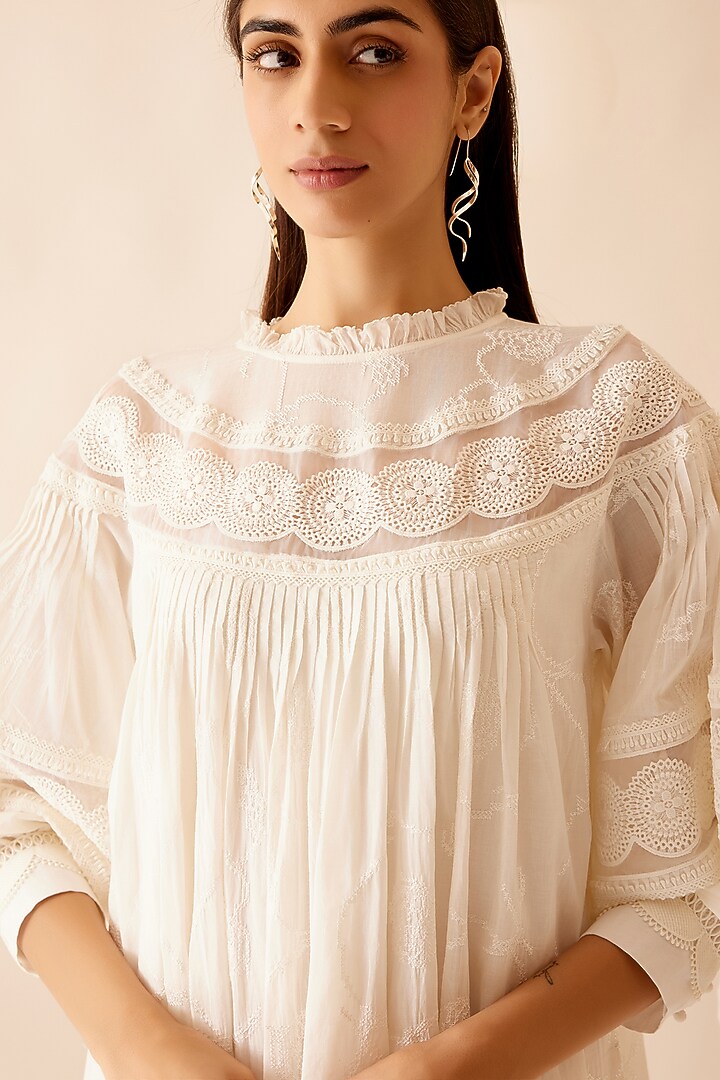 Ivory Cotton Voile Digital Embroidered Tunic by Bunka at Pernia's Pop Up Shop