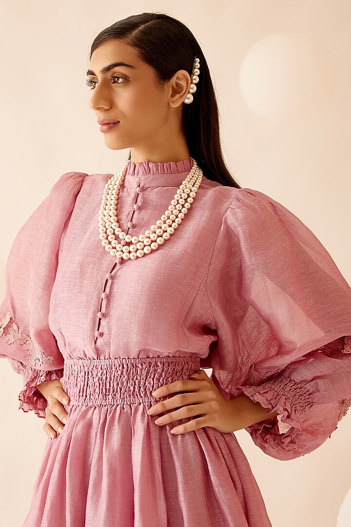 Pink Silk Linen Midi Cocktail Dress by Bunka at Pernia's Pop Up Shop