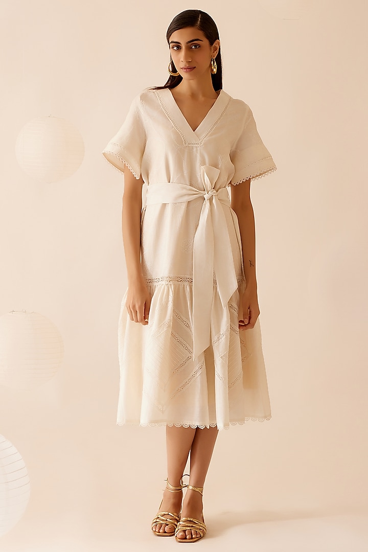 Ivory Cotton Voile Floral Embroidered Tiered Dress With Belt by Bunka at Pernia's Pop Up Shop