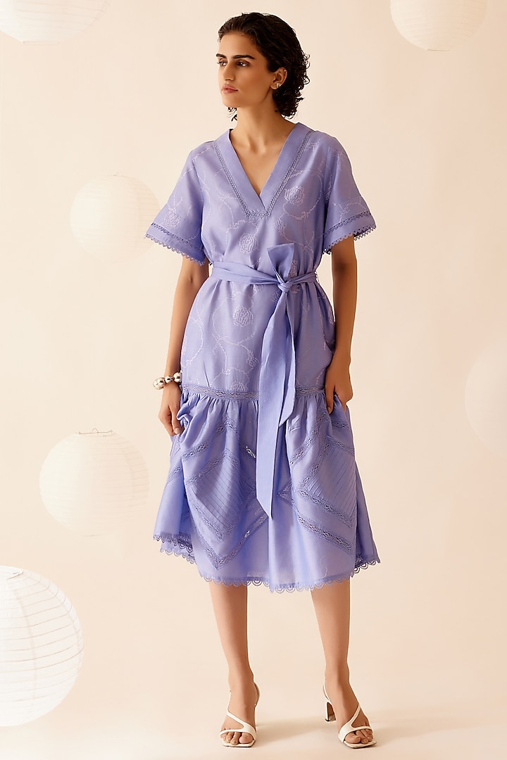 Lilac Cotton Voile Floral Embroidered Tiered Dress With Belt by Bunka at Pernia's Pop Up Shop