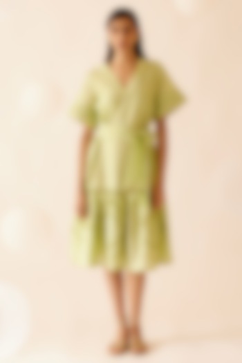 Green Cotton Voile Floral Embroidered Tiered Dress With Belt by Bunka at Pernia's Pop Up Shop