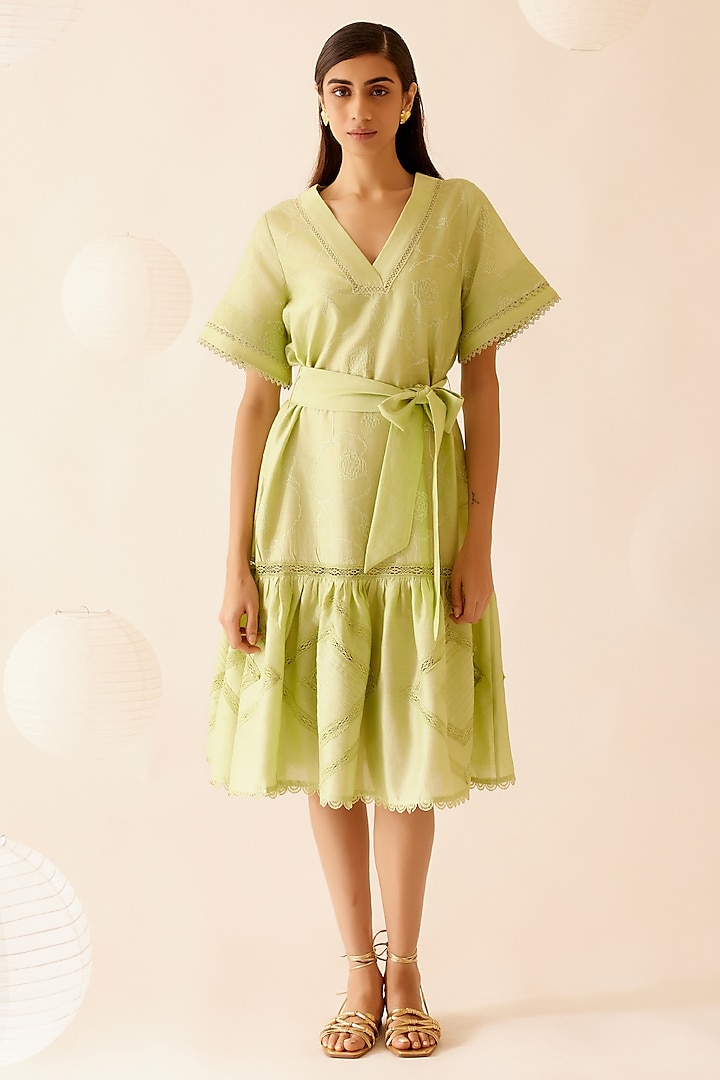 Green Cotton Voile Floral Embroidered Tiered Dress With Belt by Bunka at Pernia's Pop Up Shop