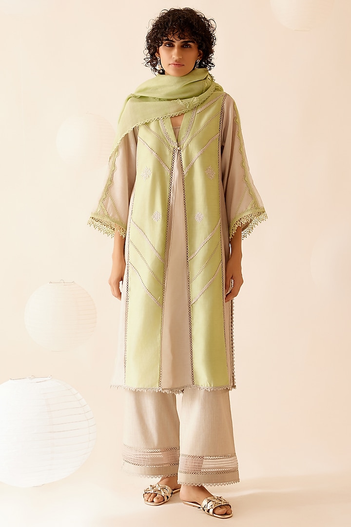 Green & Sand Chanderi Jacket Style Kurta Set by Bunka at Pernia's Pop Up Shop