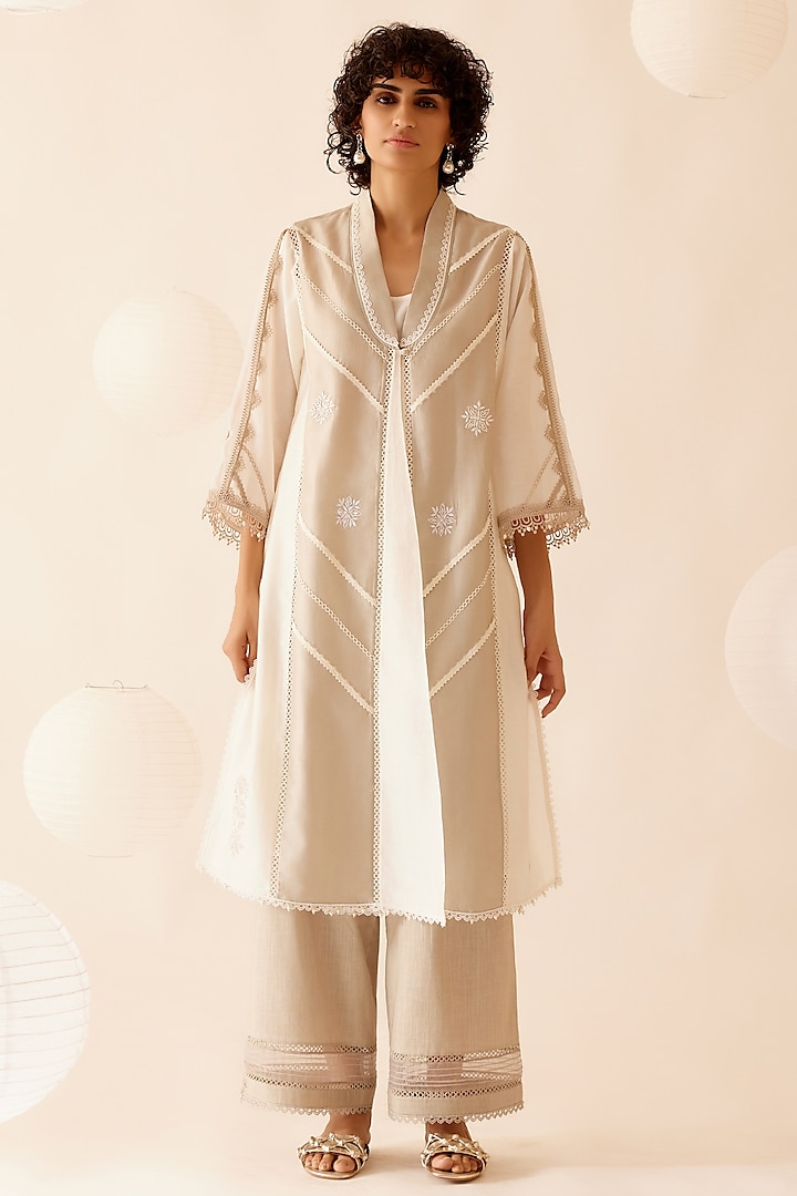 Ivory & Sand Chanderi Jacket Style Kurta Set by Bunka at Pernia's Pop Up Shop