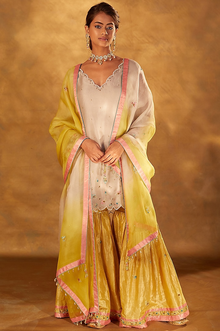 Yellow Tissue Zardosi Embroidered Gharara Set by Bunka