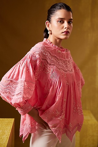 Pink Cotton Silk Printed Ruffled Top by Bunka