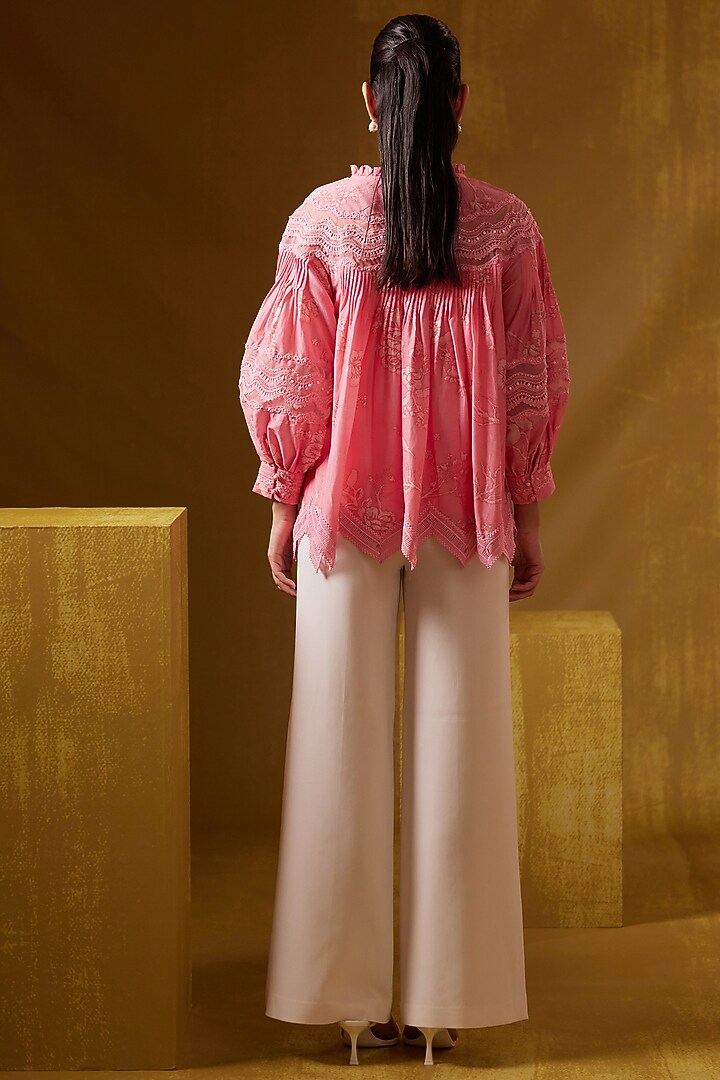 Pink Cotton Silk Printed Ruffled Top by Bunka at Pernia's Pop Up Shop