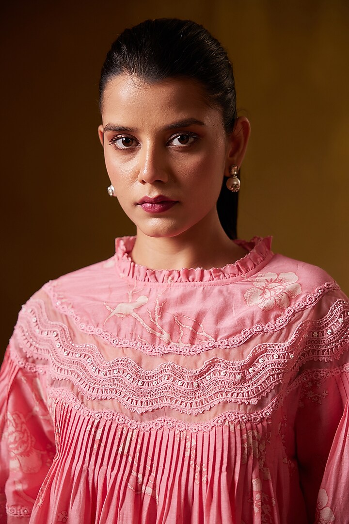 Pink Cotton Silk Printed Ruffled Top by Bunka at Pernia's Pop Up Shop