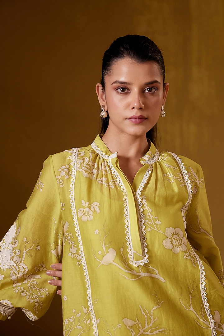 Green Chanderi Printed Tunic by Bunka at Pernia's Pop Up Shop