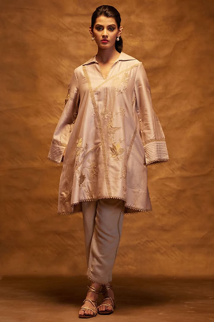 Beige Chanderi A-Line Tunic by Bunka at Pernia's Pop Up Shop