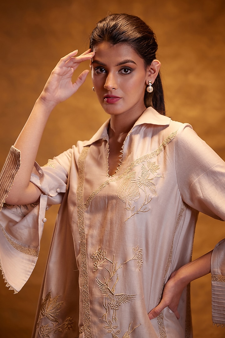 Beige Chanderi A-Line Tunic by Bunka at Pernia's Pop Up Shop