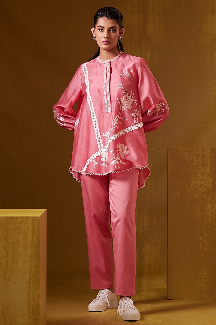 Pink Chanderi Silk Motif Embroidered Top by Bunka