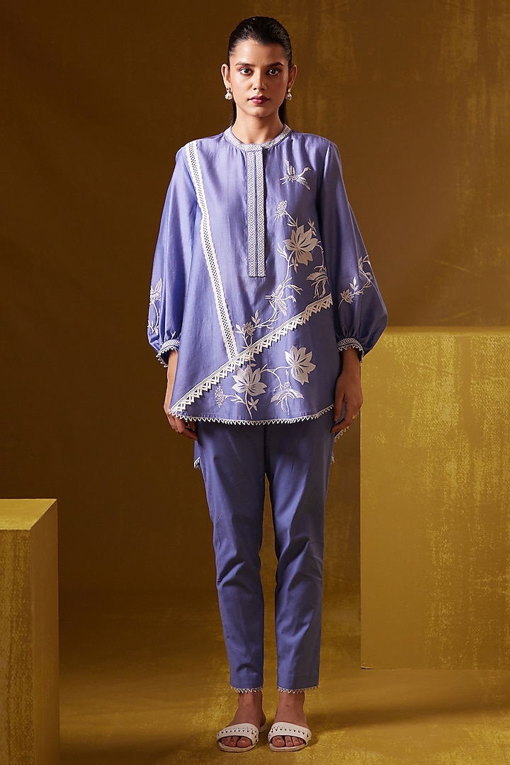 Lilac Chanderi Silk Motif Embroidered Top by Bunka at Pernia's Pop Up Shop