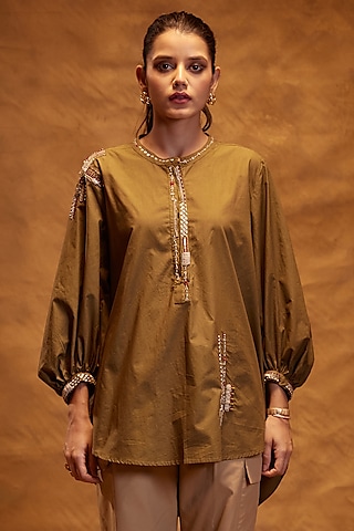 Olive Cotton Poplin Motifs Hand Embroidered Shirt by Bunka