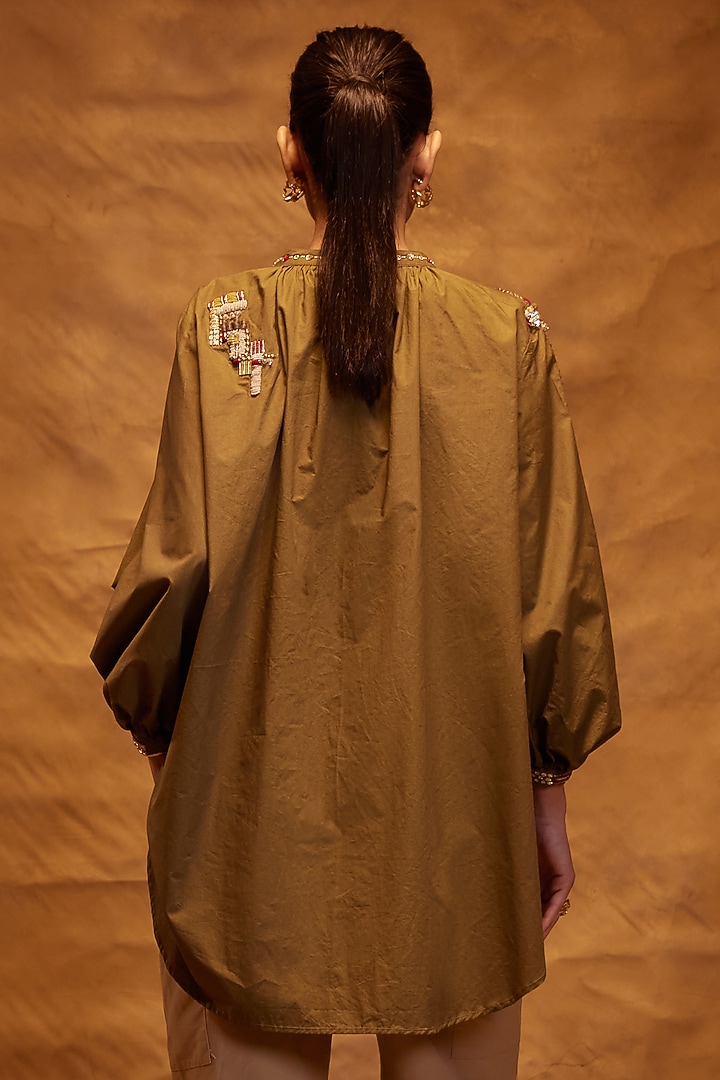 Olive Cotton Poplin Motifs Hand Embroidered Shirt by Bunka at Pernia's Pop Up Shop