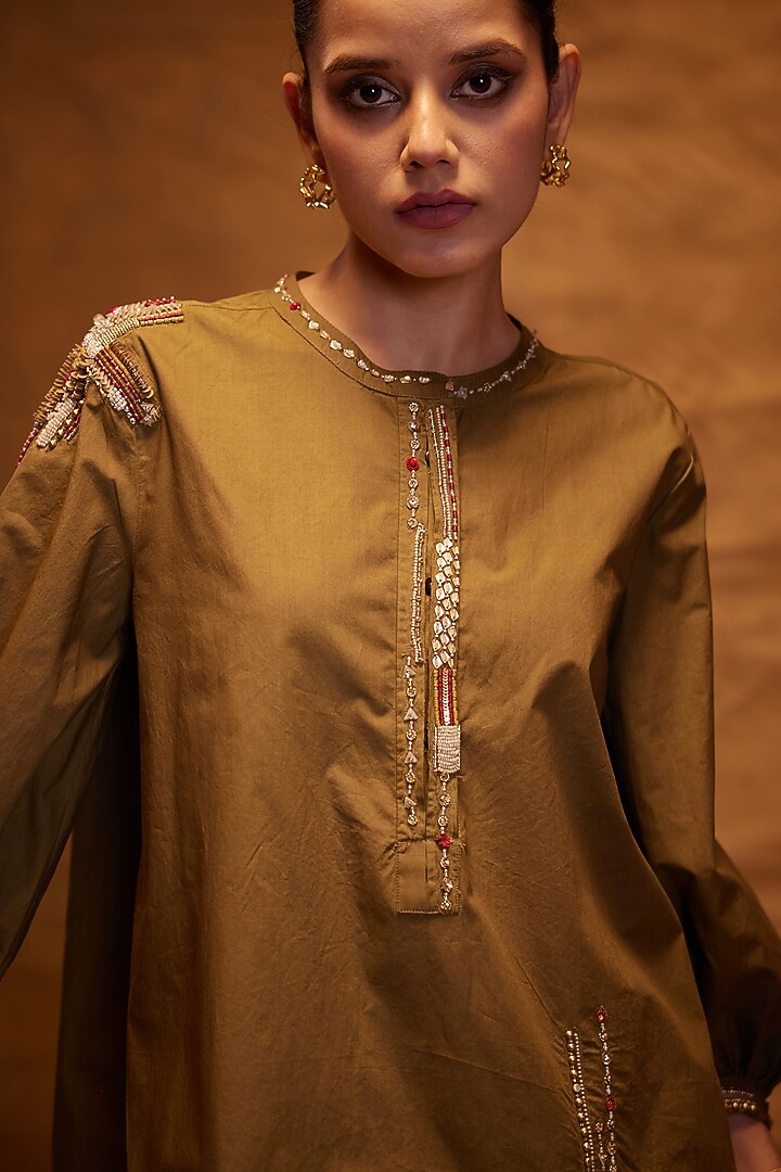 Olive Cotton Poplin Motifs Hand Embroidered Shirt by Bunka at Pernia's Pop Up Shop