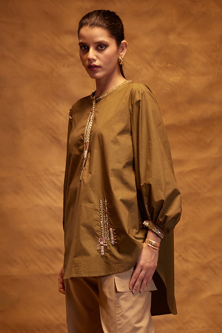 Olive Cotton Poplin Motifs Hand Embroidered Shirt by Bunka at Pernia's Pop Up Shop